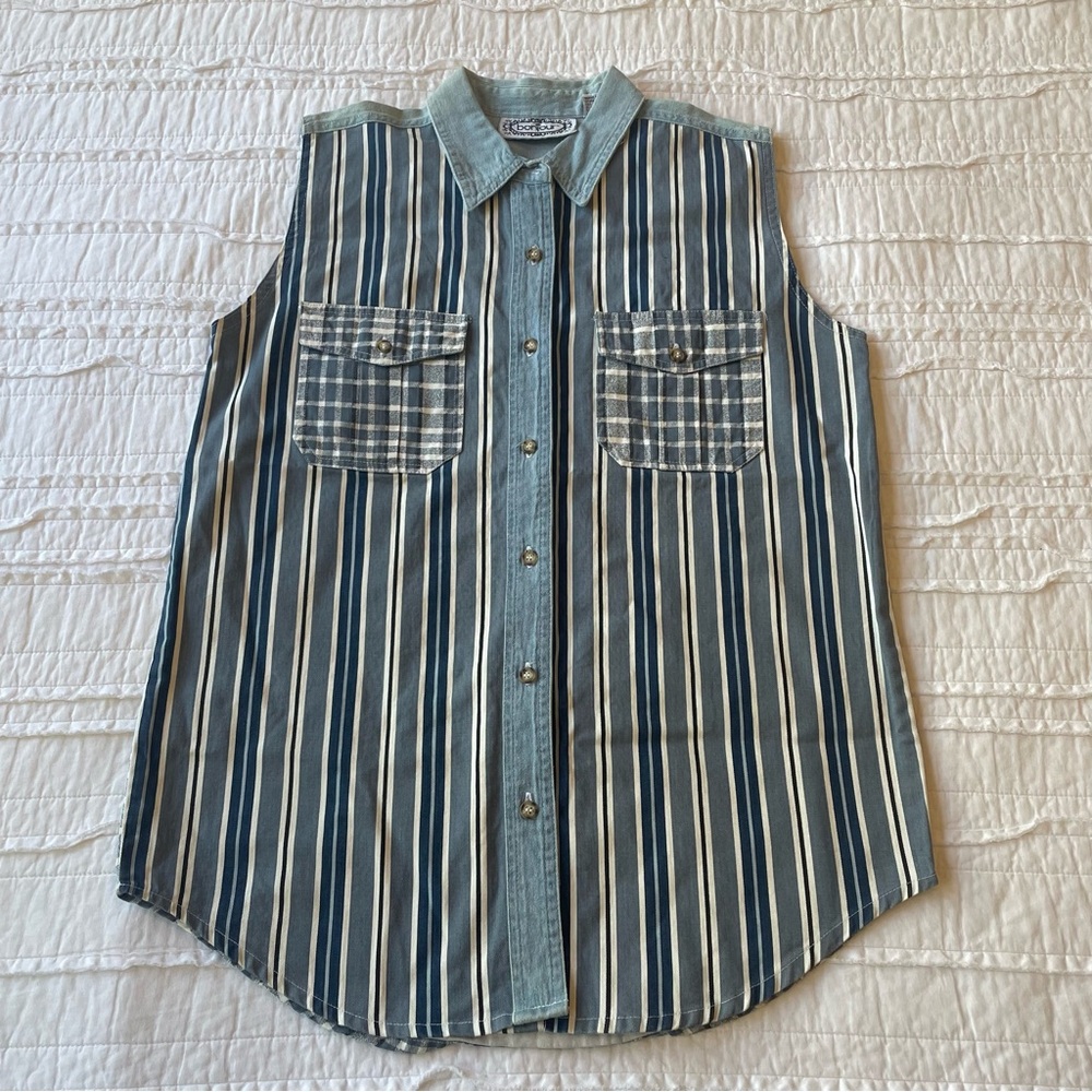 Vtg 90's Women’s Striped Denim Sleeveless Button Down | M